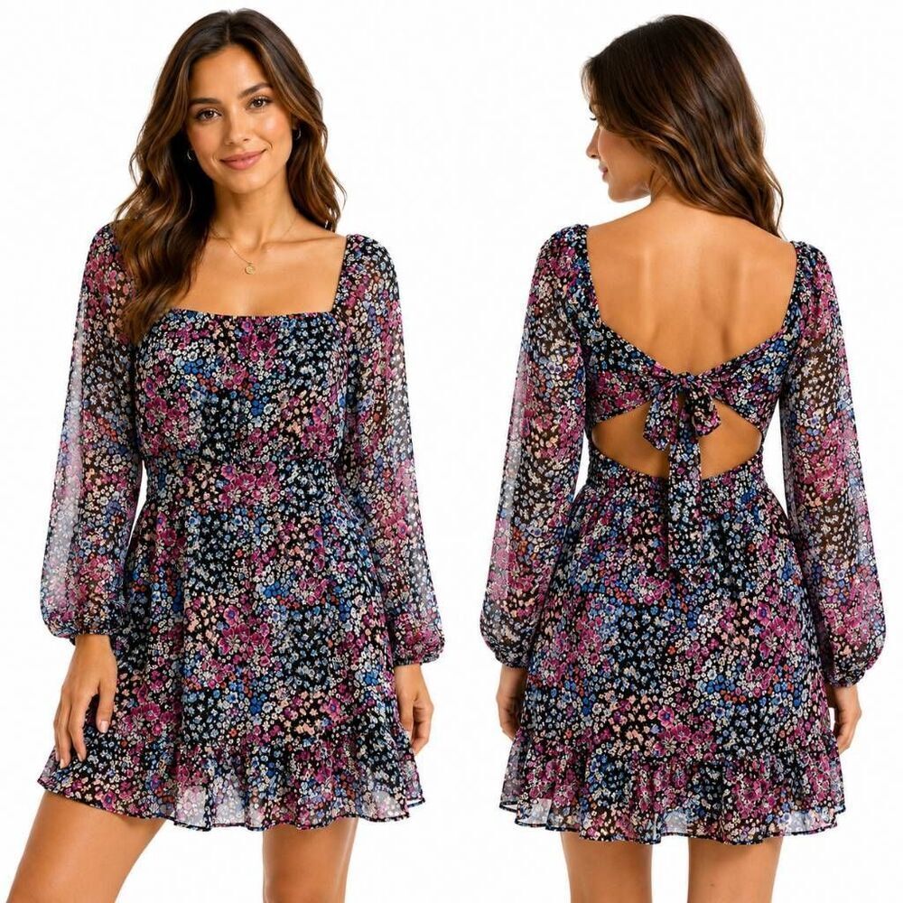 Rewind Floral Cutout Mini Dress Black Pink Medium